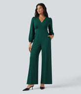 V Neck Long Sleeve Wide Leg Work Jumpsuit with Pockets-Easy Peezy Edition