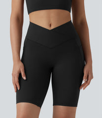SoftlyZero™ High Waisted Crossover Yoga Biker Shorts 9'' with Pockets-UPF50+