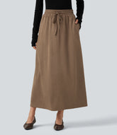 High Waisted Drawstring A Line Suede Midi Casual Skirt with Pockets