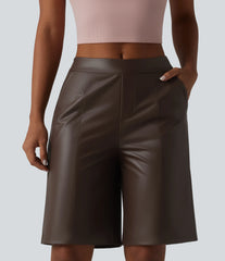 Mid Rise Stretchy PU Casual Bermuda Shorts 10'' with Pockets