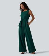 Wrinkle Recovery Boat Neck Sleeveless Tie-side Work Jumpsuit with Pockets-Easy Peezy