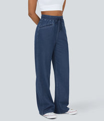 Halara Flex™ High Waisted Drawstring Pocket Cool Touch Breathable Washed Stretchy Knit Wide Leg Casual Sweatpants Jeans