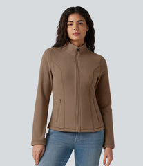 Stand Collar Zip Fly Slim Casual Fleece Jacket with Pockets
