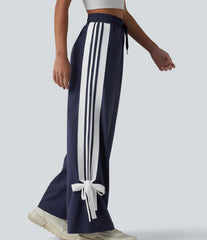 High Waisted Drawstring Color Block Stripes Bow Quick Dry InstantCool Running Wide Leg Pants with Pockets-UPF40+