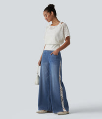 Halara Flex™ High Waisted Contrast Lace Casual Wide Leg Jeans with Pockets