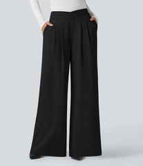 Crossover High Waisted Work Baggy Pants with Pockets