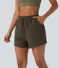 Water Repellent High Waisted Drawstring Hiking Shorts With Side Zipper Pockets