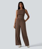 Boat Neck Sleeveless Ruched Wide Leg Casual Jumpsuit with Pockets-Easy Peezy Edition
