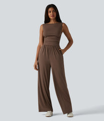 Boat Neck Sleeveless Ruched Wide Leg Casual Jumpsuit with Pockets-Easy Peezy Edition
