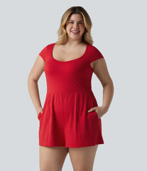 Plus Size SoftlyZero™ Airy U Neck Cap Sleeve InstantCool Yoga Romper with Pockets-Easy Peezy Edition