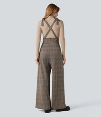 Tie Side Wide Leg Houndstooth Plaid Work Overalls with Pockets