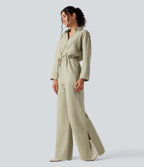 Long Sleeve Drawstring Wide Leg Work Jumpsuit with Pockets