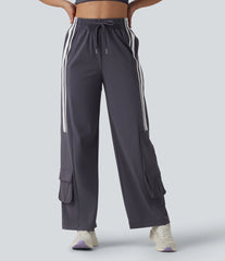 High Waisted Drawstring Colorblock Stripes Quick Dry Workout Cargo Pants with Pockets