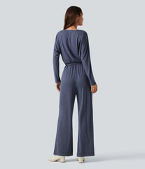 V Neck Long Sleeve Work Jumpsuit with Pockets