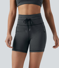 High Waisted Drawstring Striped Yoga Biker Shorts 5'' with Pockets
