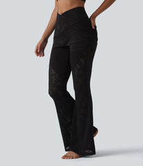 Halara Flex™ High Waisted Tummy Control Crossover Contrast Lace Flare Casual Jeans with Pockets