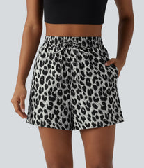 High Waisted Drawstring Leopard Print Casual Shorts with Pockets