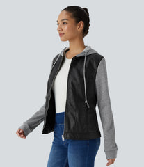 Hooded Drawstring Pocket Zipper Contrast Faux Leather Casual Jacket