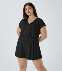 V Neck Short Sleeve Pocket Waffle Casual Plus Size Jumpsuit