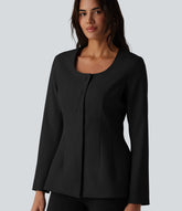 Wrinkle Recovery U Neck Long Sleeve Work Linen-Feel Blazer