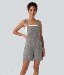 Plaid Casual Linen-Feel Short Overalls with Pockets