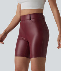 High Waisted Stretchy PU Casual Biker Shorts 7'' with Pockets