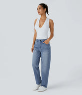 Halara Flex™ Mid Low Rise Zipper Pockets Washed Casual Mom Jeans