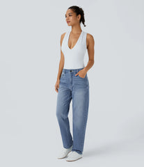 Halara Flex™ Mid Low Rise Zipper Pockets Washed Casual Mom Jeans