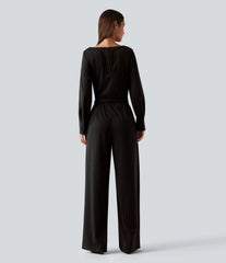 Boat Neck Long Sleeve Tie Side Cool Touch Stripe Work Jumpsuit with Pockets-Easy Peezy Edition