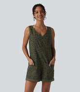 Adjustable Straps Rolled Hem Leopard Print Casual Short Overall with Pockets