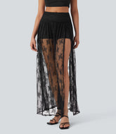 High Waisted 2-in-1 Lace Maxi Casual Skirt with Pocket