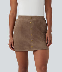 High Waisted 2-in-1 A-line Mini Suede Casual Skirt with Pockets