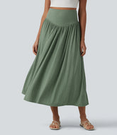Ribbed Knit High Waisted Tummy Control Flowy Midi Casual Linen-Blend Skirt