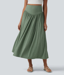 Ribbed Knit High Waisted Tummy Control Flowy Midi Casual Linen-Blend Skirt