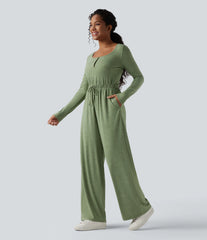 Henley Long Sleeve Drawstring Heathered Casual Baggy Jumpsuit with Pockets-Easy Peezy