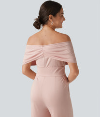 Off Shoulder Built-in Bra Short Sleeve Casual Jumpsuit with Pockets