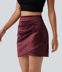High Waisted Ruched Crossover Hem 2-in-1 Bodycon Satin Mini Casual Skirt
