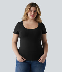Halara Cotton Jersey Square Neck Short Sleeve Ultra-slim Heathered Casual Plus Size T-Shirt