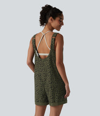Adjustable Straps Rolled Hem Leopard Print Casual Short Overall with Pockets