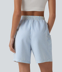 High Waisted Drawstring Stripes Resort Baggy Bermuda Shorts with Pockets