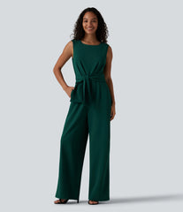Wrinkle Recovery Boat Neck Sleeveless Tie-side Work Jumpsuit with Pockets-Easy Peezy
