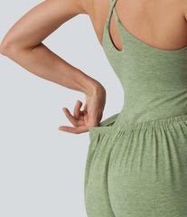 Crisscross Backless Sleeveless Built-in Bra Heathered Casual Jumpsuit with Pockets-Easy Peezy