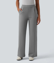 High Waisted Stripes Work Wide Leg Pants with Pockets
