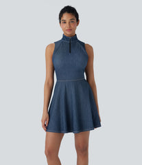 Halara Flex™ Zipper Removable Sleeve Thumb Hole Flare Mini InstantCool Washed Denim Tennis Active Dress