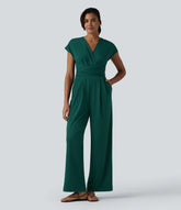 V-neck Short Sleeve Crossover Tie Pleated Work Jumpsuit with Pockets-Easy Peezy