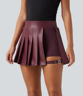 High Waisted Pleated 2-in-1 Stretchy PU Micro Mini Party Skirt with Pocket