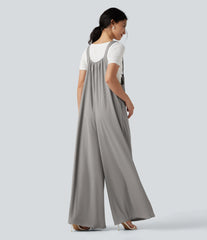 Adjustable Straps Waffle Casual Flowy Baggy Jumpsuit with Pockets