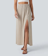 High Waisted Split Hem Maxi Casual Linen-Feel Skirt with Pockets