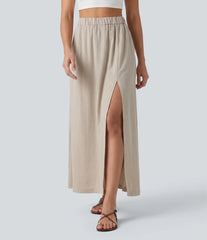 High Waisted Split Hem Maxi Casual Linen-Feel Skirt with Pockets