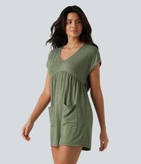 Cowl-back V-neck Cap Sleeve Heathered Casual Romper with Pockets-Easy Peezy